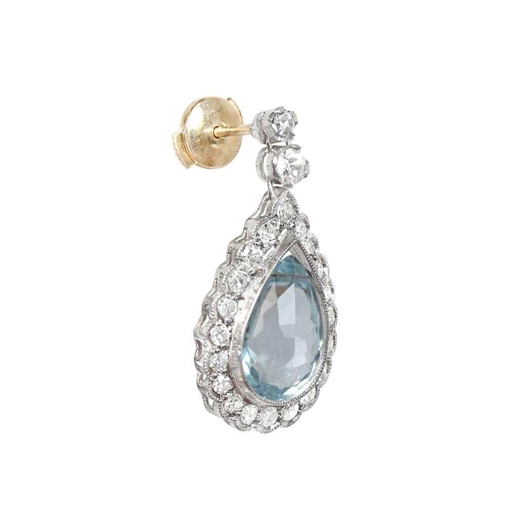 Art Deco 1.00ct Pear Shaped-Cut Aquamarine Earrings, Diamond Halo, 18k Yellow Gold For Sale