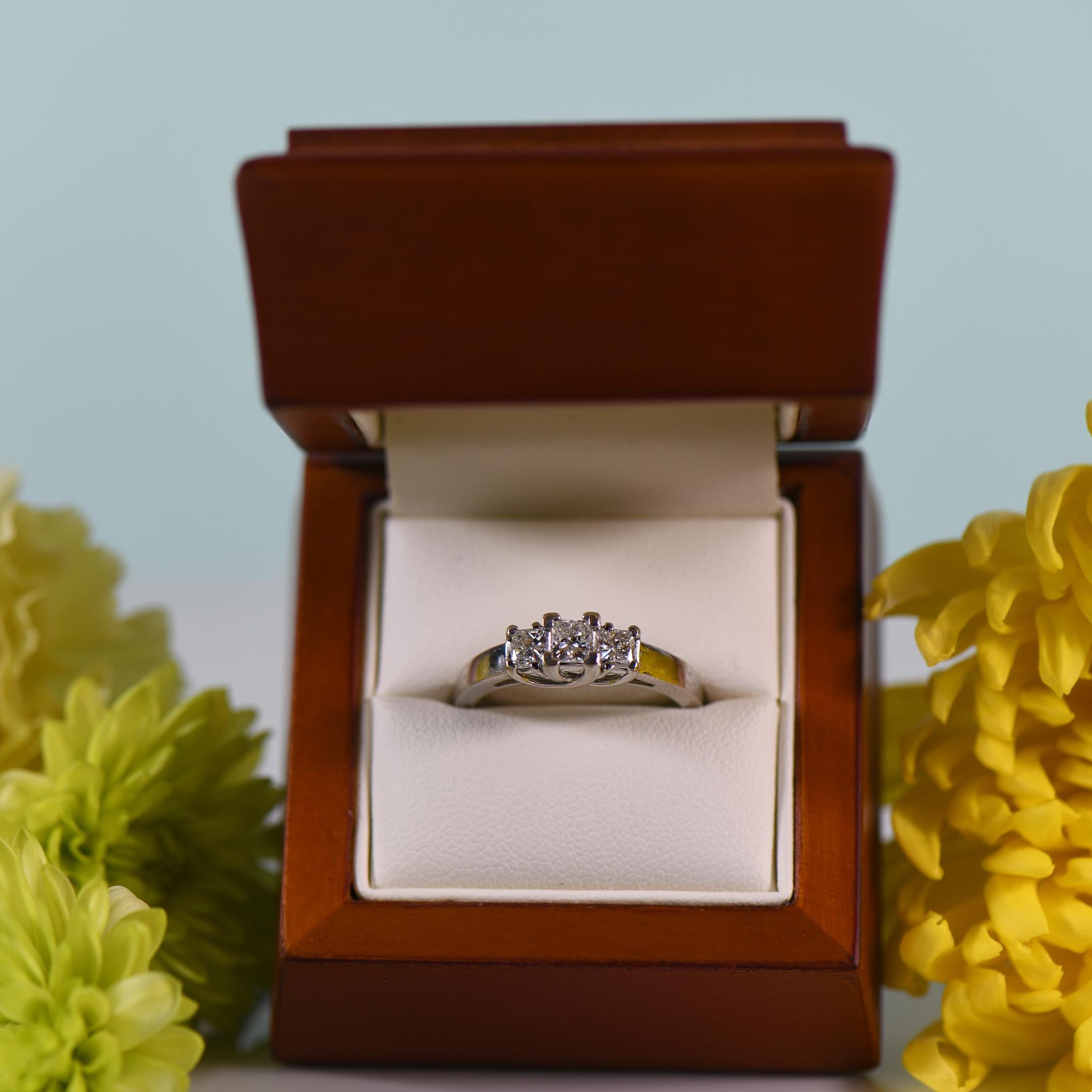 1,00 Karat Diamantring mit 3 Steinen im Prinzessinnenschliff im Trellis-Stil aus 14 Karat Weißgold im Angebot 4