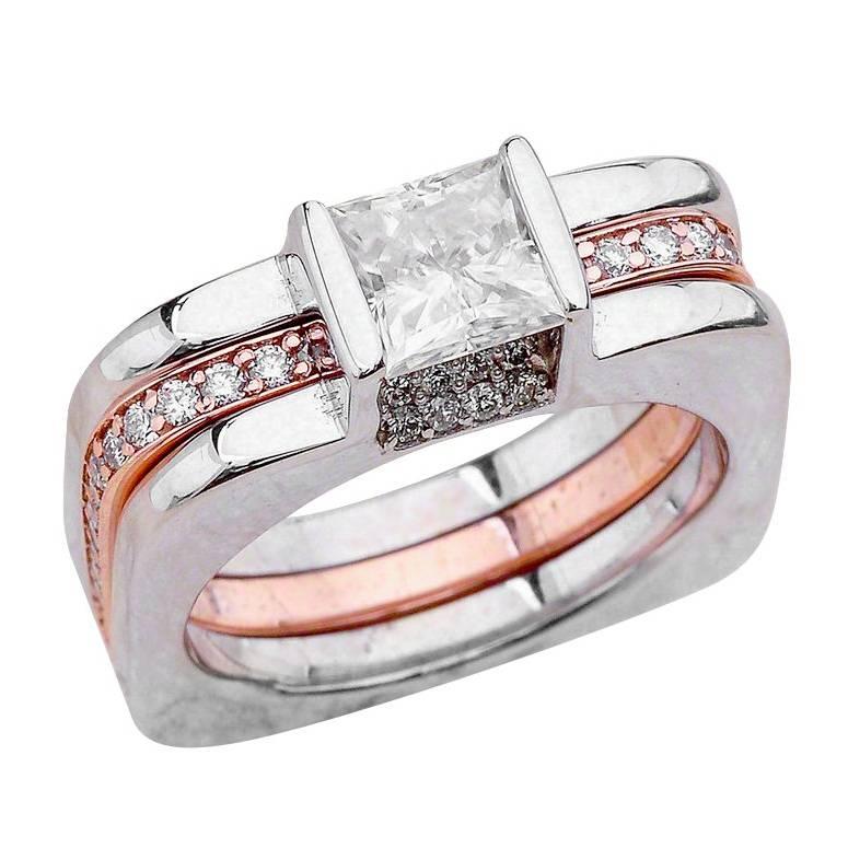 1.00ct Princess Cut Moissanite Bridal Ring Set in 14K White and Rose Gold For Sale