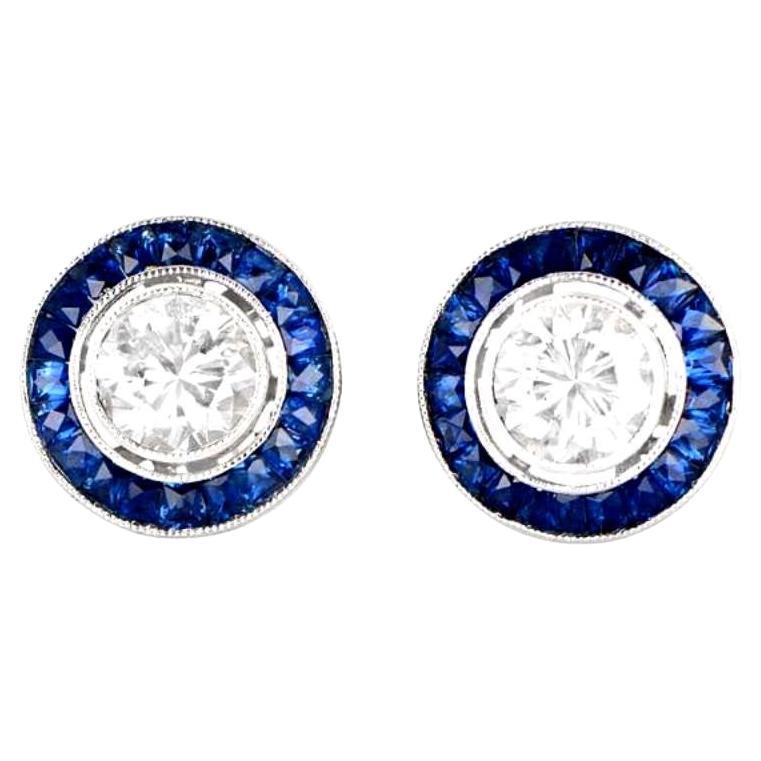 1.00Carat Round Brilliant Cut Diamond Earrings, Sapphire Halo, Platinum For Sale