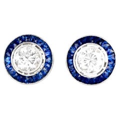 1.00Carat Round Brilliant Cut Diamond Earrings, Sapphire Halo, Platinum
