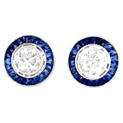 1,00 Karat runde Diamant-Ohrringe im Brillantschliff, Saphir-Halo, Platin