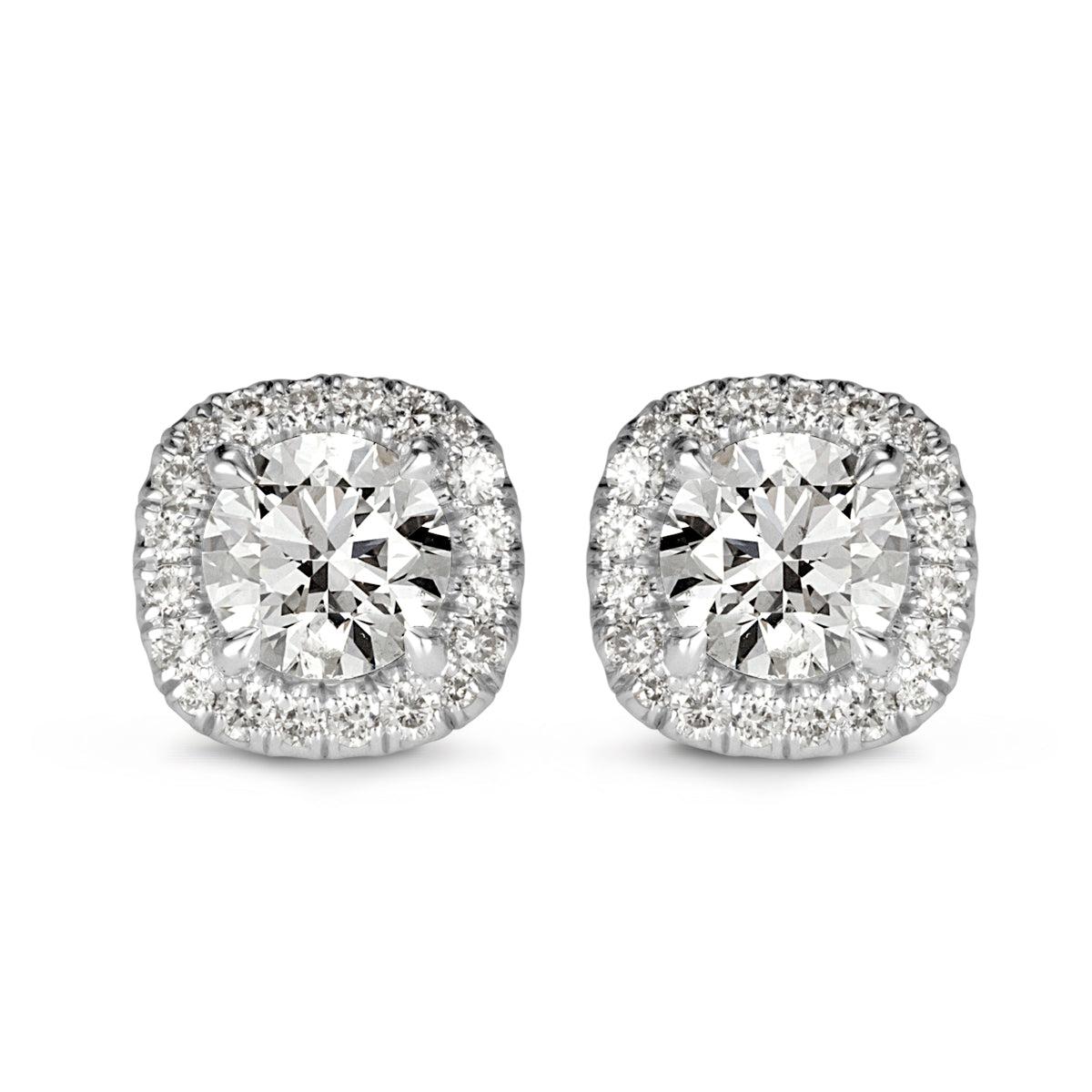 1.00ct Round Brilliant Cut Diamond Halo Stud Earrings in 18K White Gold For Sale