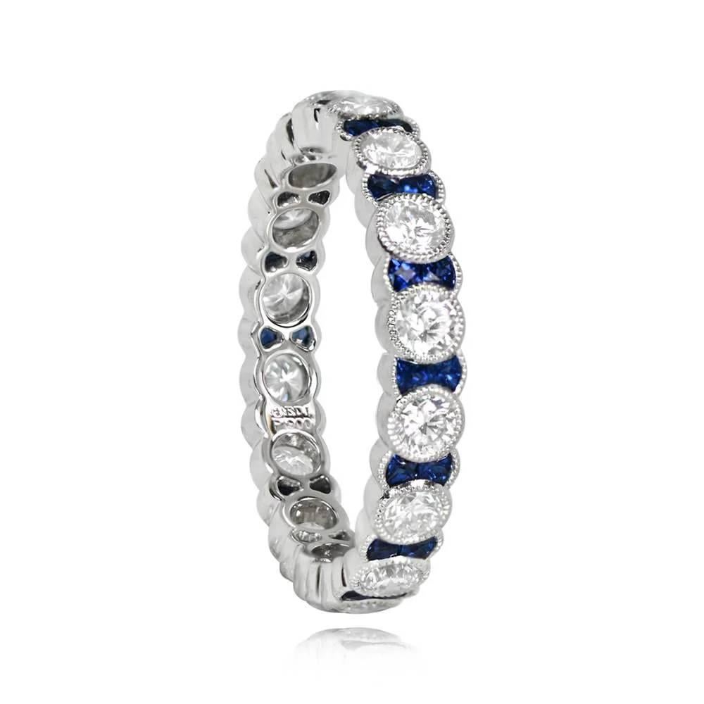 Art Deco 1.00ct Round Brilliant Cut Diamond & Sapphire Eternity Band Ring, Platinum For Sale