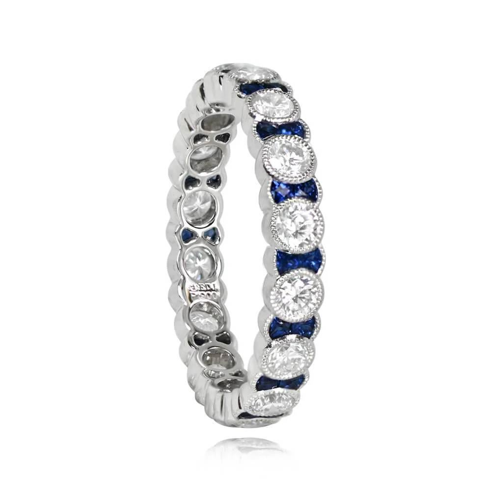 1.00ct Runder Brillantschliff Diamant & Saphir Eternity Band Ring, Platin (Art déco)