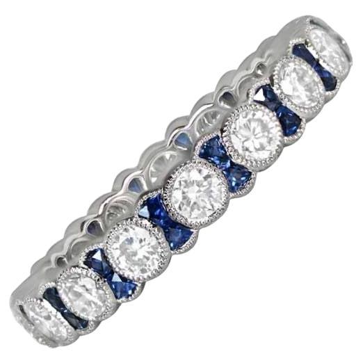 1.00ct Round Brilliant Cut Diamond & Sapphire Eternity Band Ring, Platinum For Sale