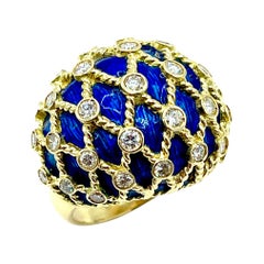 1.00ct Round Brilliant Diamond and Royal Blue Enamel Domed 18k Cocktail Ring