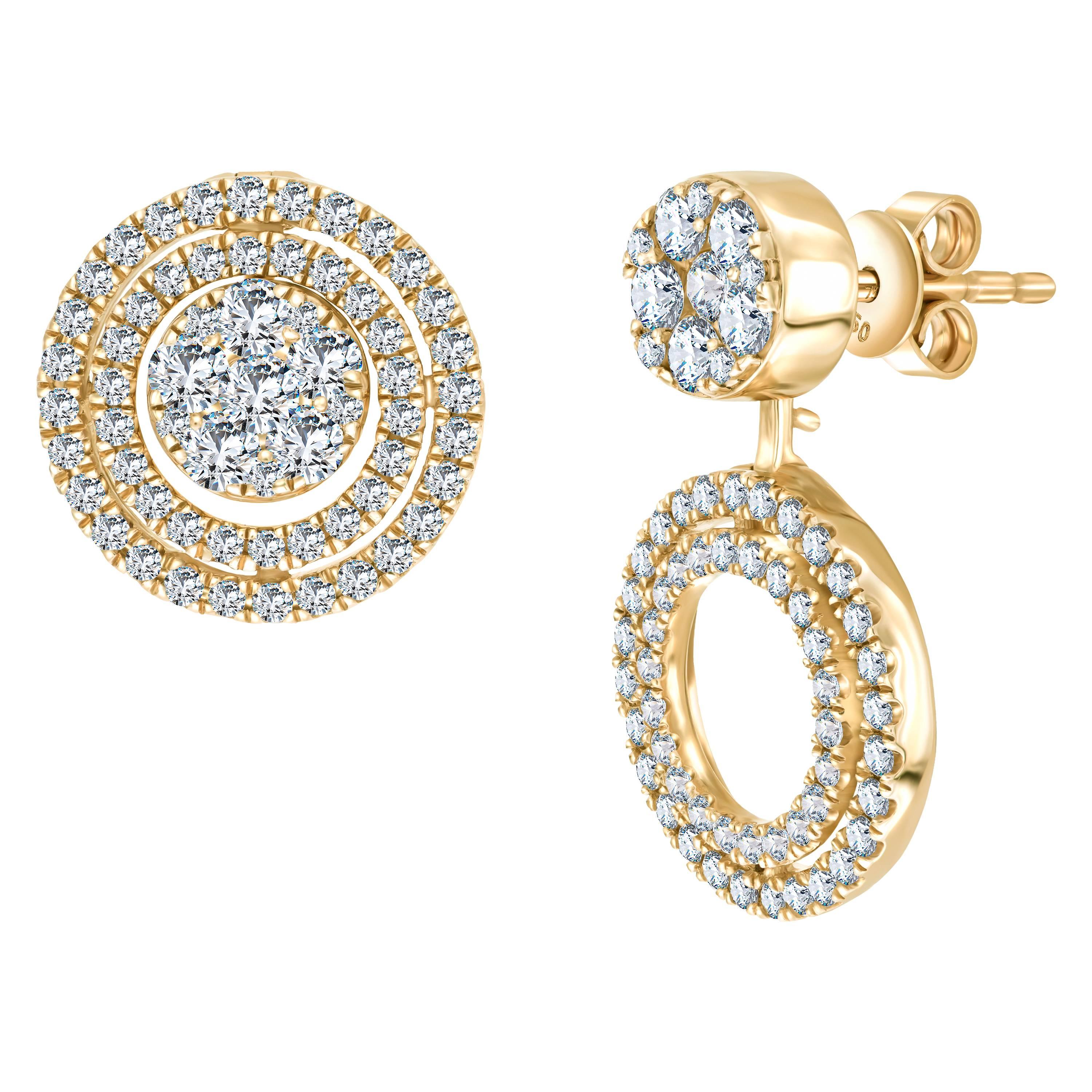 1.00 Carat Round Brilliant Diamond Fancy Cluster Drop 18 Karat Gold Earrings