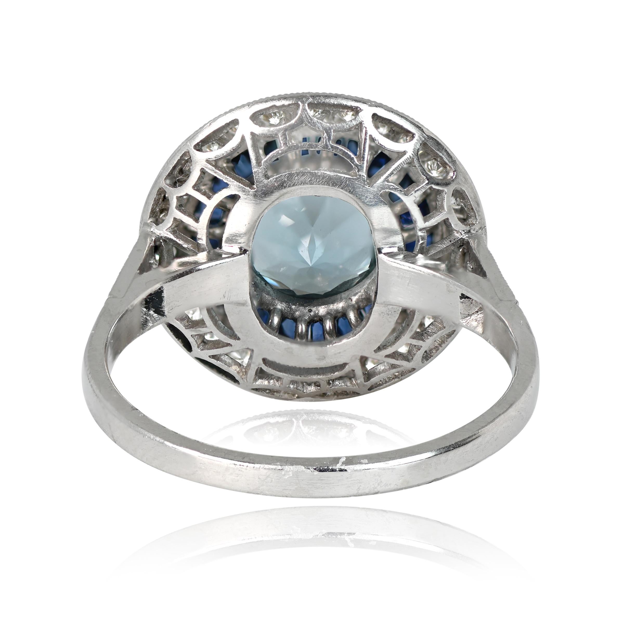 Art Deco 1.00ct Round Cut Aquamarine Engagement Ring, Diamond & Sapphire Halo, Platinum For Sale