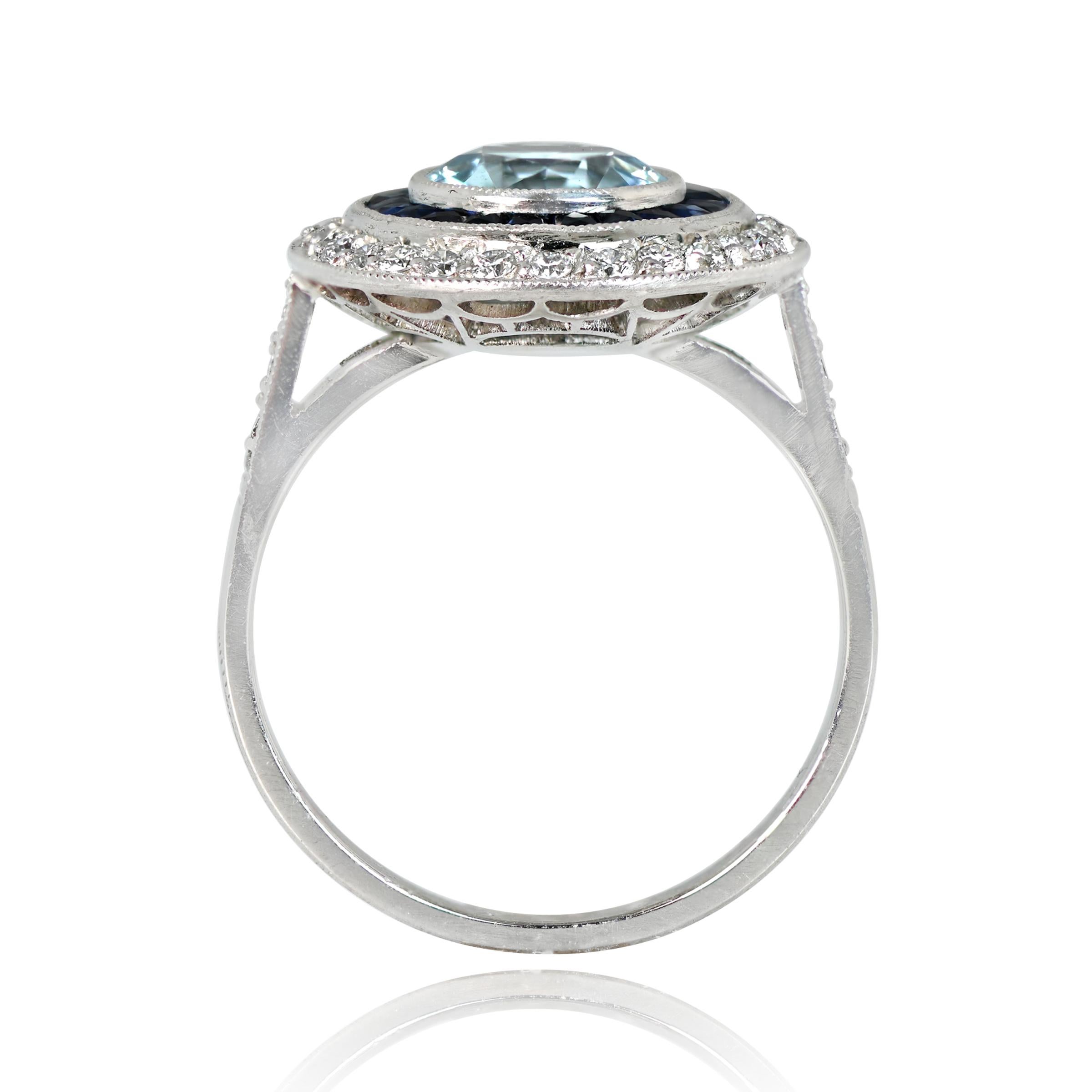 1.00ct Round Cut Aquamarine Engagement Ring, Diamond & Sapphire Halo, Platinum In Excellent Condition For Sale In New York, NY