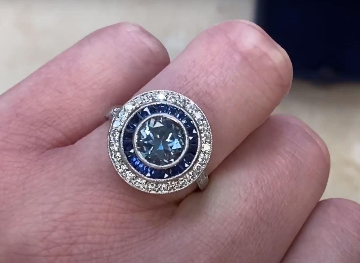 Women's 1.00ct Round Cut Aquamarine Engagement Ring, Diamond & Sapphire Halo, Platinum For Sale