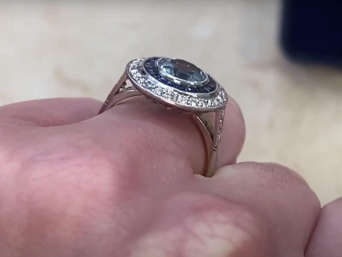 1.00ct Round Cut Aquamarine Engagement Ring, Diamond & Sapphire Halo, Platinum For Sale 1