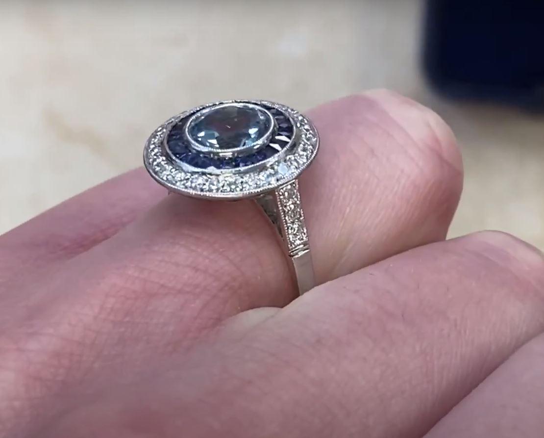 1.00ct Round Cut Aquamarine Engagement Ring, Diamond & Sapphire Halo, Platinum For Sale 2
