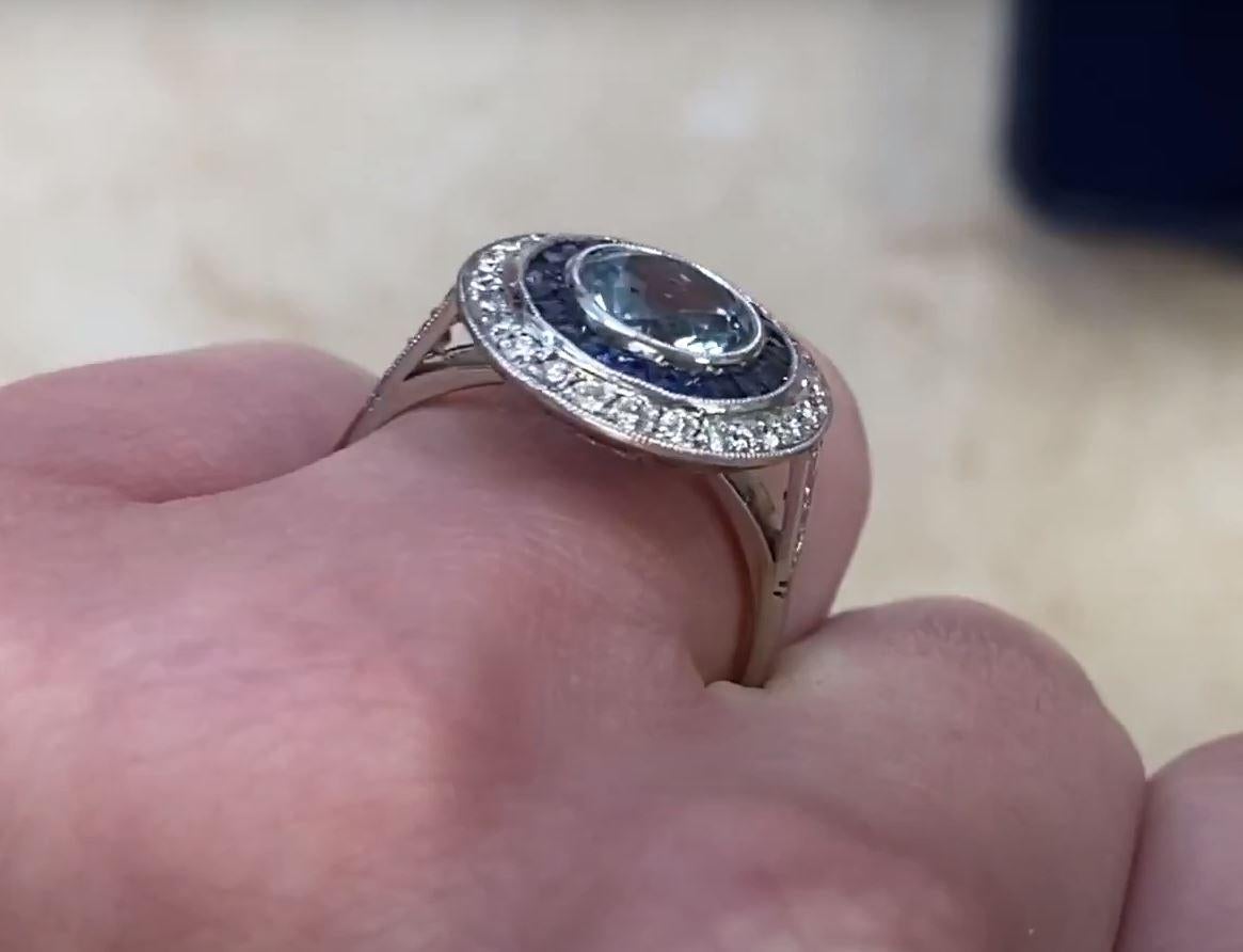 1.00ct Round Cut Aquamarine Engagement Ring, Diamond & Sapphire Halo, Platinum For Sale 3