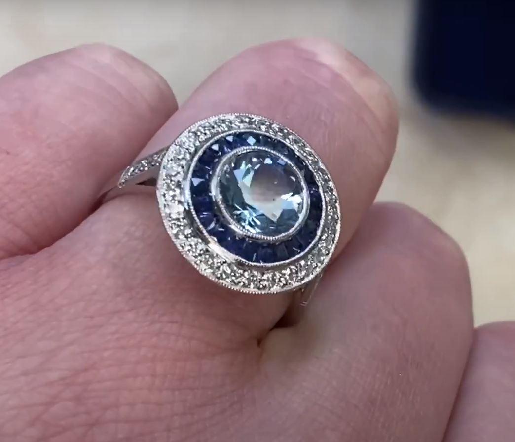 1.00ct Round Cut Aquamarine Engagement Ring, Diamond & Sapphire Halo, Platinum For Sale 4