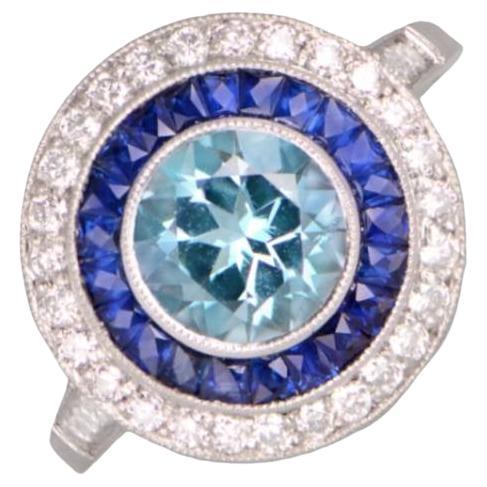1.00ct Round Cut Aquamarine Engagement Ring, Diamond & Sapphire Halo, Platinum For Sale