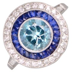 1.00ct Round Cut Aquamarine Engagement Ring, Diamond & Sapphire Halo, Platinum