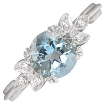 0.88ct Round Cut Aquamarine Engagement Ring, Platinum  For Sale