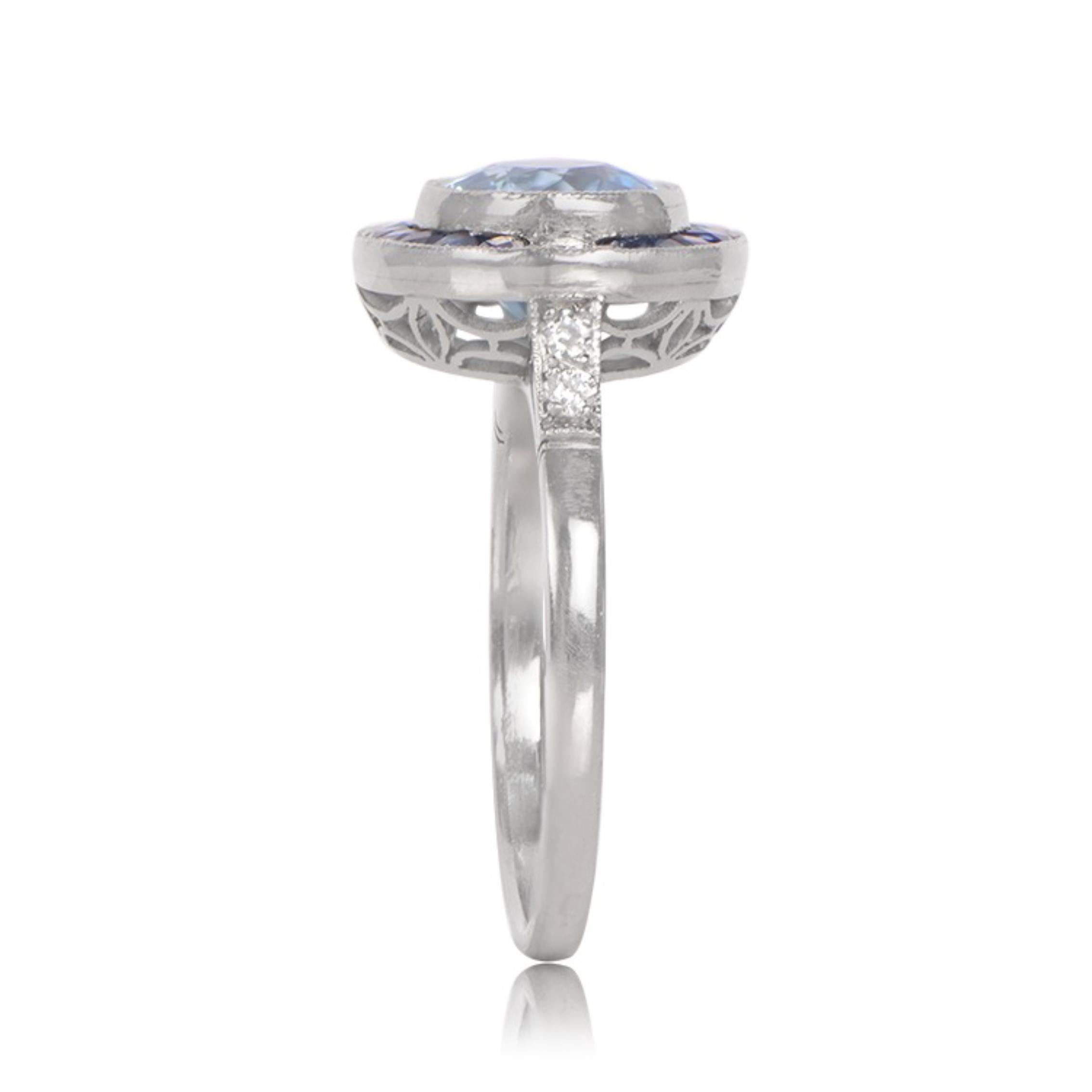 1.00ct Round Cut Aquamarine Engagement Ring, Sapphire Halo, Platinum In Excellent Condition For Sale In New York, NY