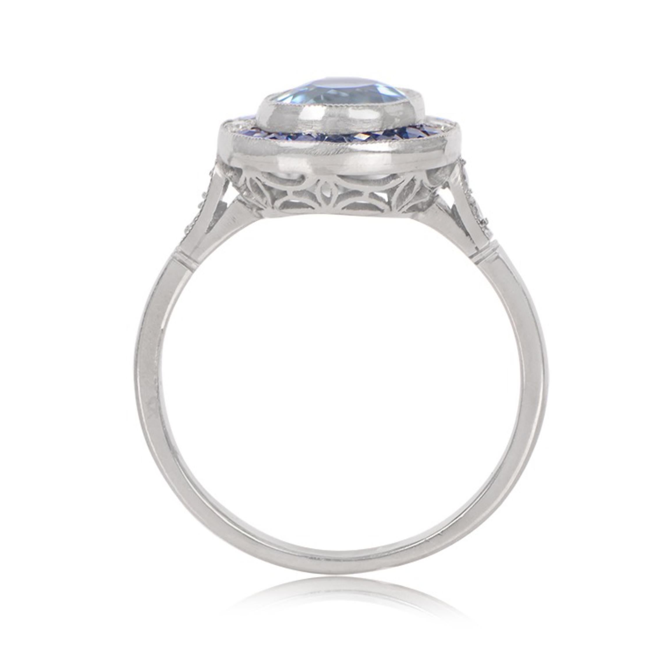 Women's 1.00ct Round Cut Aquamarine Engagement Ring, Sapphire Halo, Platinum For Sale