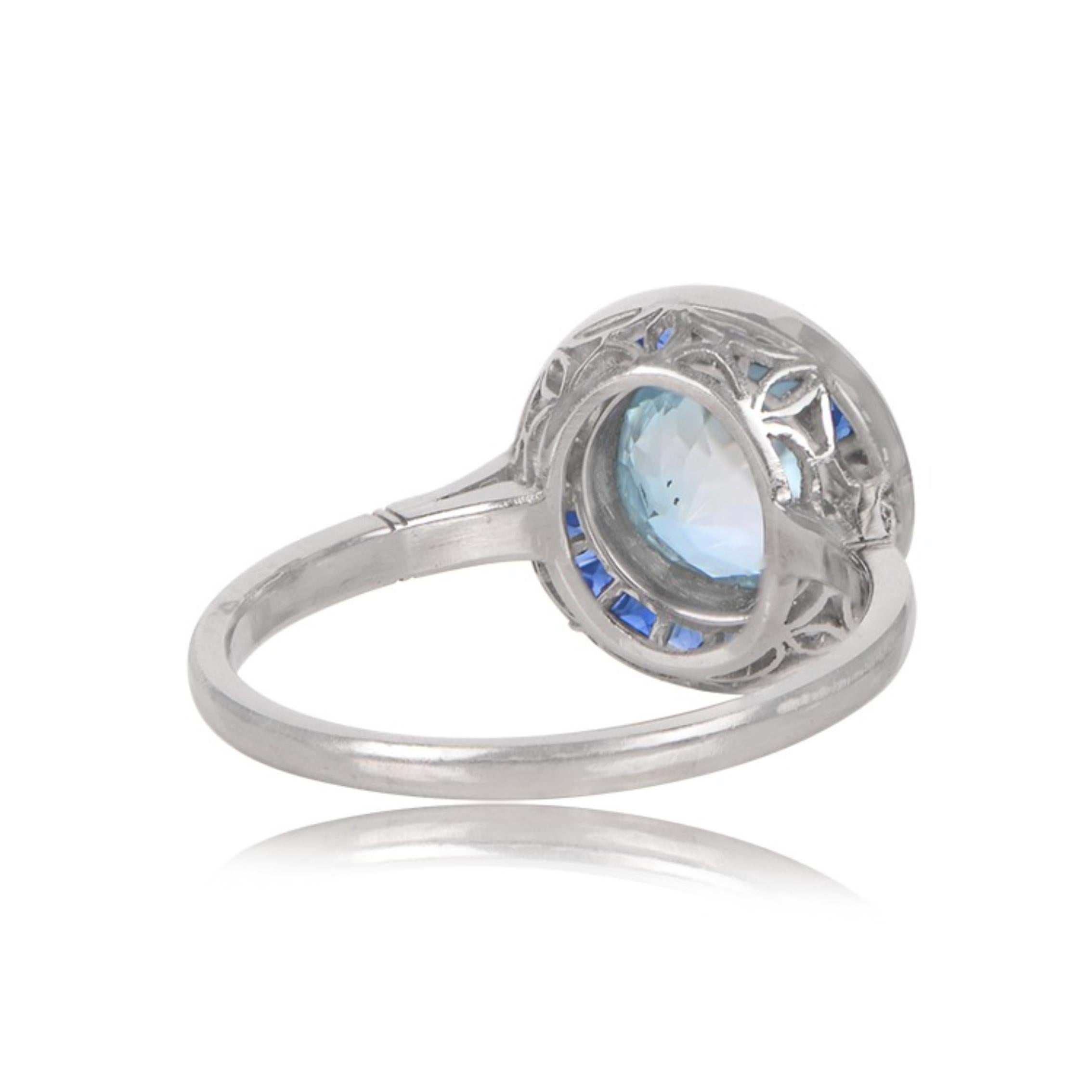 Art Deco 1.00ct Round Cut Aquamarine Engagement Ring, Sapphire Halo, Platinum For Sale