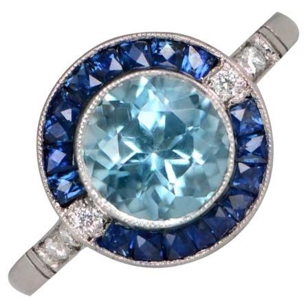 1.00ct Round Cut Aquamarine Engagement Ring, Sapphire Halo, Platinum For Sale