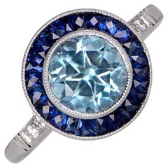 Round Cut Aquamarine Engagement Ring (Approx. 1-Carat), Sapphire Halo, Platinum