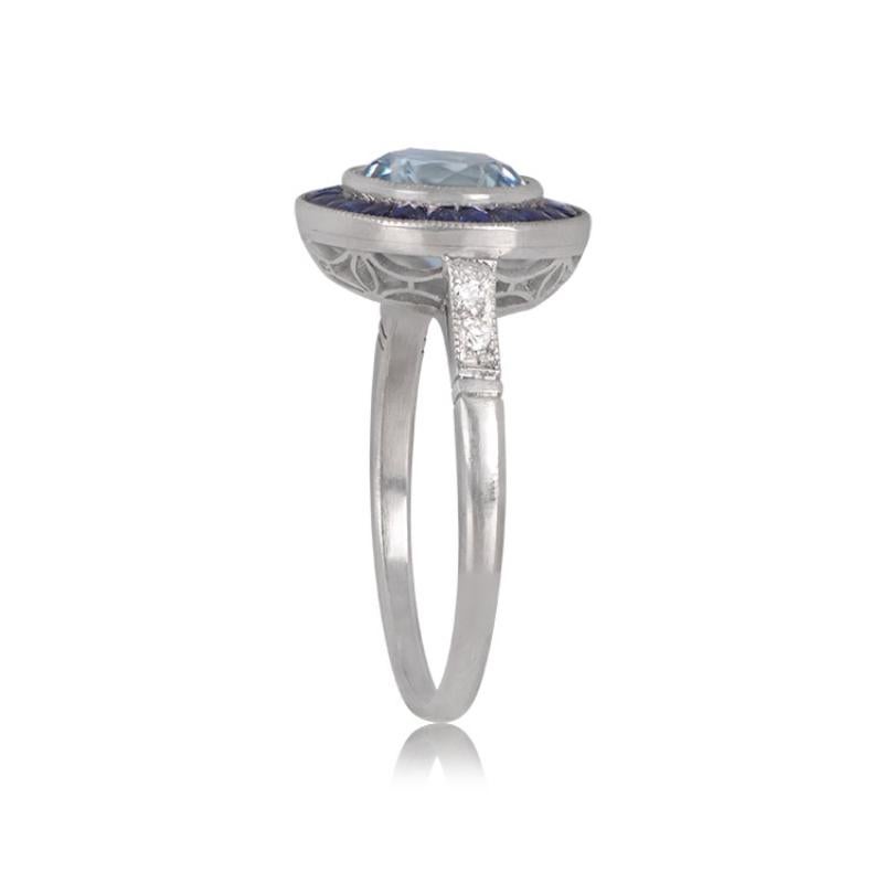 Art Deco 1.00ct Round Cut Natural Aquamarine Engagement Ring, Sapphire Halo, Platinum 