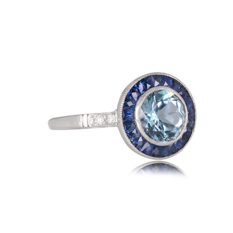 1.00ct Round Cut Natural Aquamarine Engagement Ring, Sapphire Halo, Platinum  In Excellent Condition In New York, NY