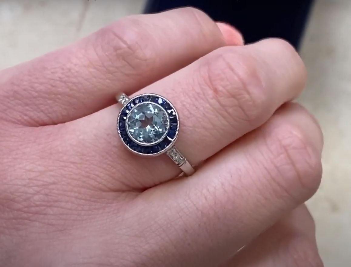 Women's 1.00ct Round Cut Natural Aquamarine Engagement Ring, Sapphire Halo, Platinum 