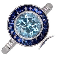 1.00ct Round Cut Natural Aquamarine Engagement Ring, Sapphire Halo, Platinum 