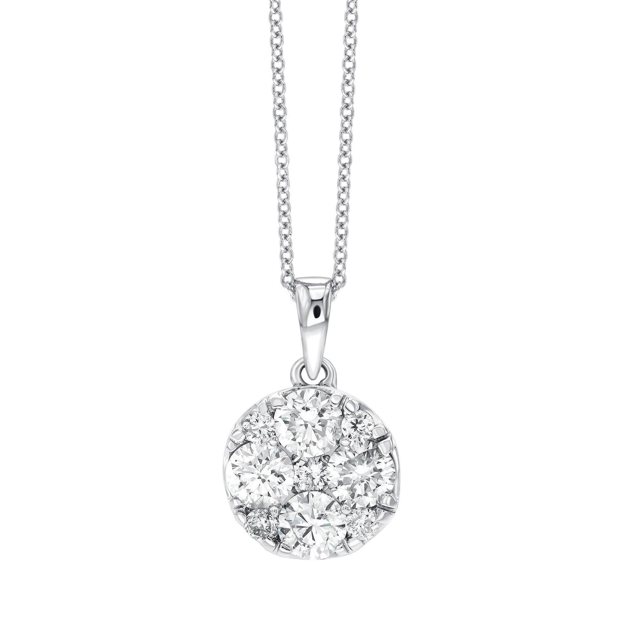 Pendentif à chaîne en or 18 carats avec grappe de diamants blancs ronds de 1,00 carat sertis en griffes