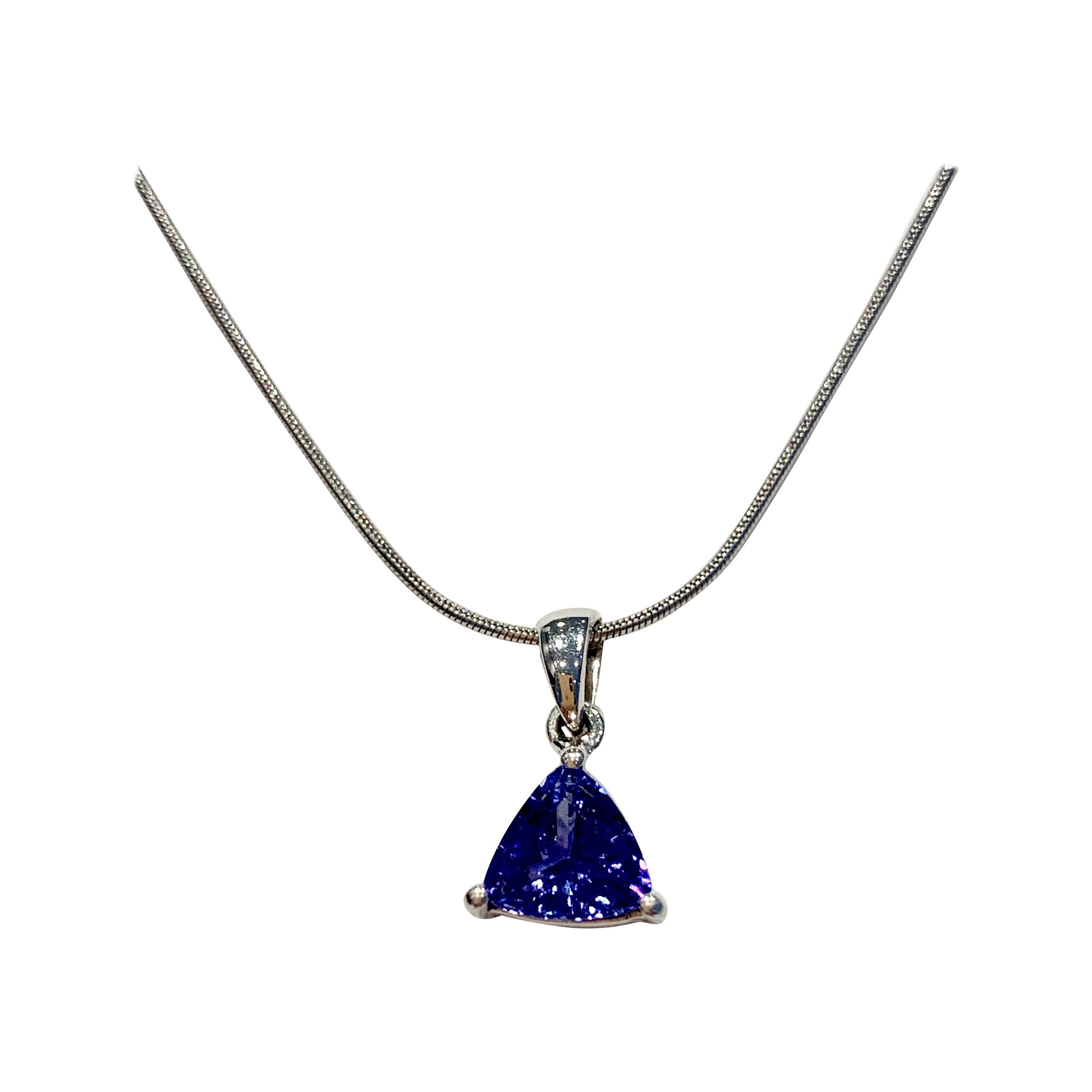 1.00ct Trillion Cut Tanzanite Pendant in 18ct White Gold with 18ct Snake Chain For Sale
