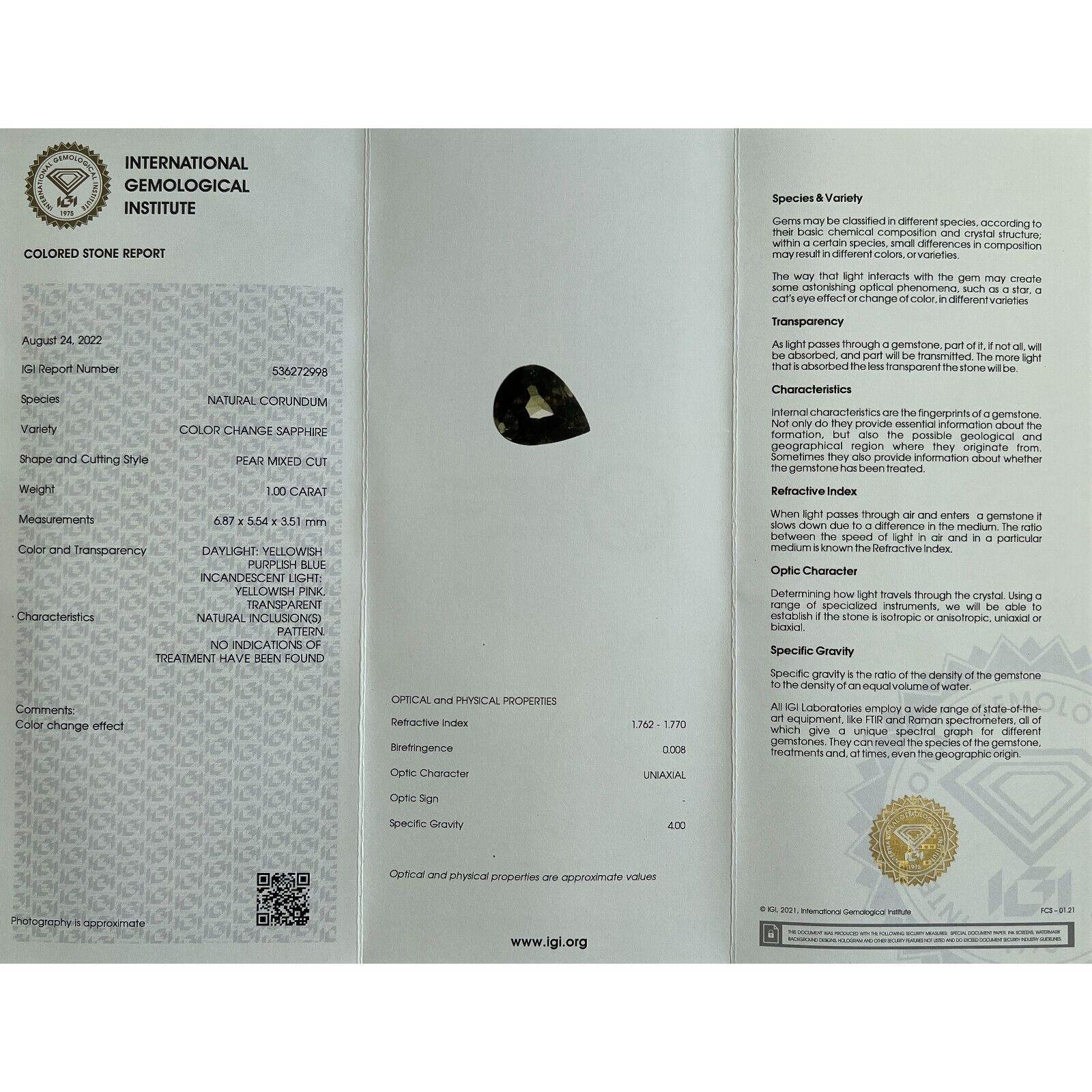 1,00 Karat einzigartiger Farbwechsel-Saphir im Birnenschliff Gelb Lila Blau IGI-zertifiziert im Angebot 8