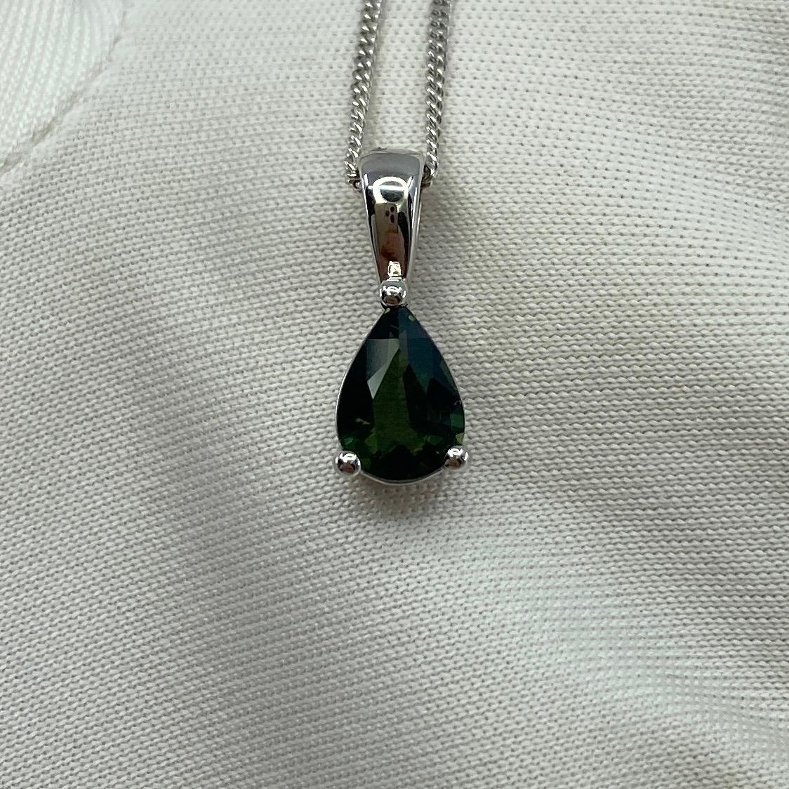 1.00ct Untreated Green Blue Australian Sapphire Pear Cut 18k White Gold Pendant For Sale 6