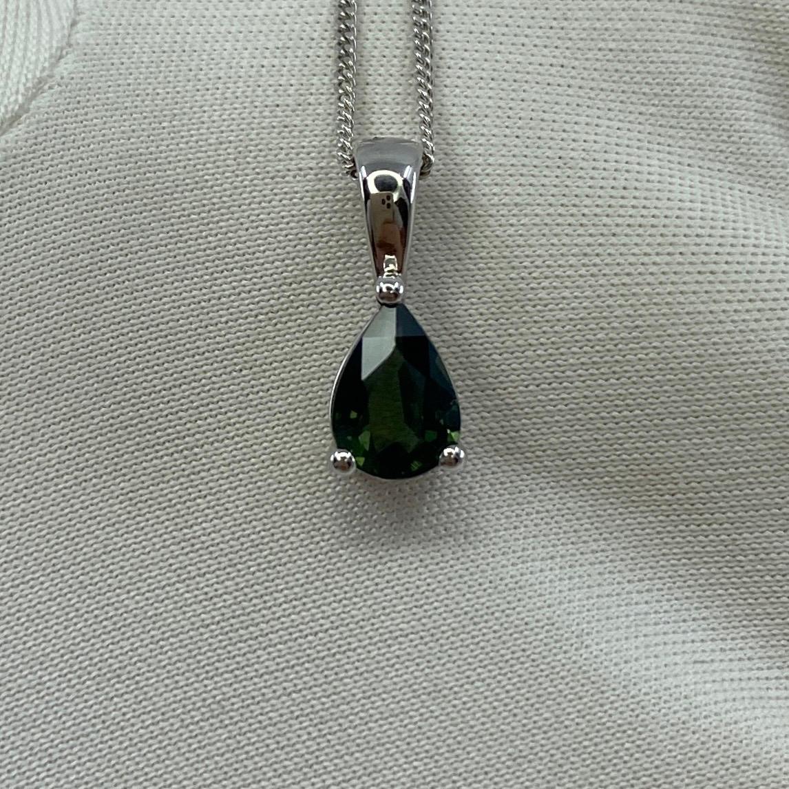 1.00ct Untreated Green Blue Australian Sapphire Pear Cut 18k White Gold Pendant For Sale 2