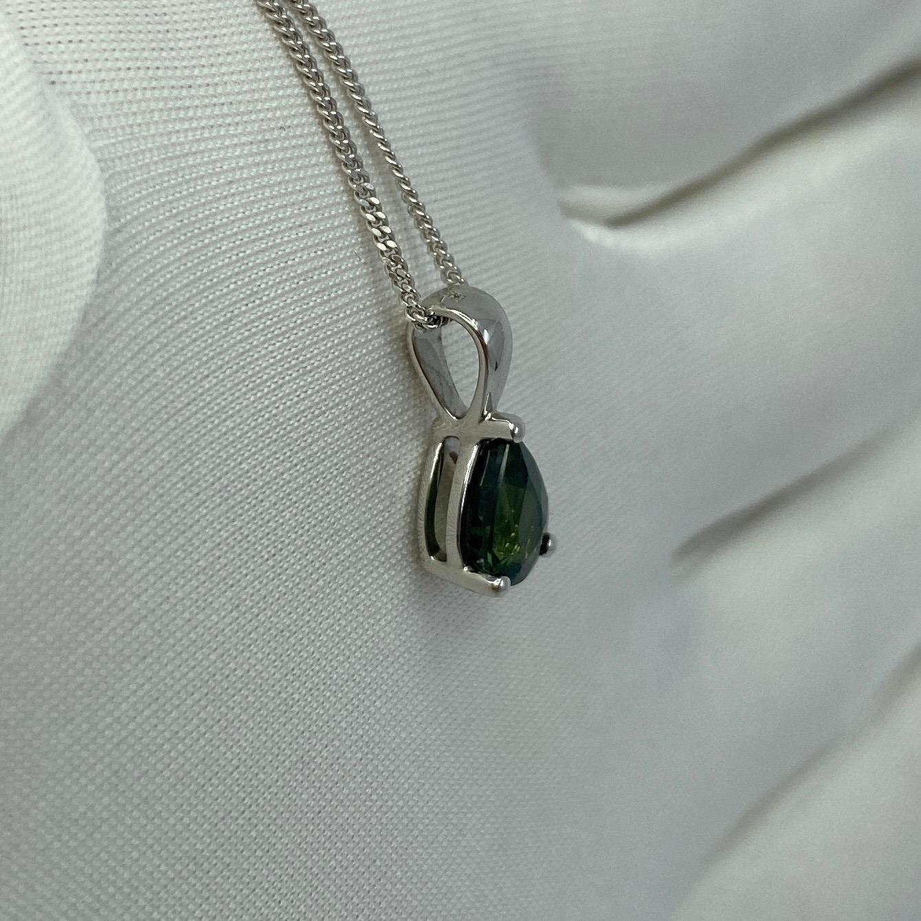 1.00ct Untreated Green Blue Australian Sapphire Pear Cut 18k White Gold Pendant For Sale 4