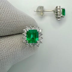 1.00ct Vivid Green Colombian Emerald & Diamond Platinum Halo Stud Earrings