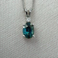 1.00ct Vivid Teal Blue Oval Cut Sapphire Diamond 14k White Gold Pendant Necklace