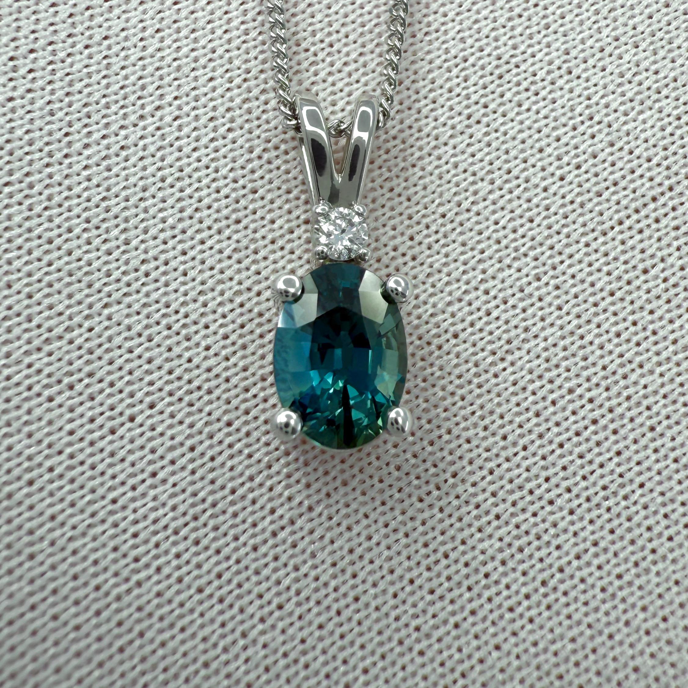 Women's or Men's 1.00ct Vivid Teal Blue Oval Cut Sapphire Diamond 14k White Gold Pendant Necklace For Sale