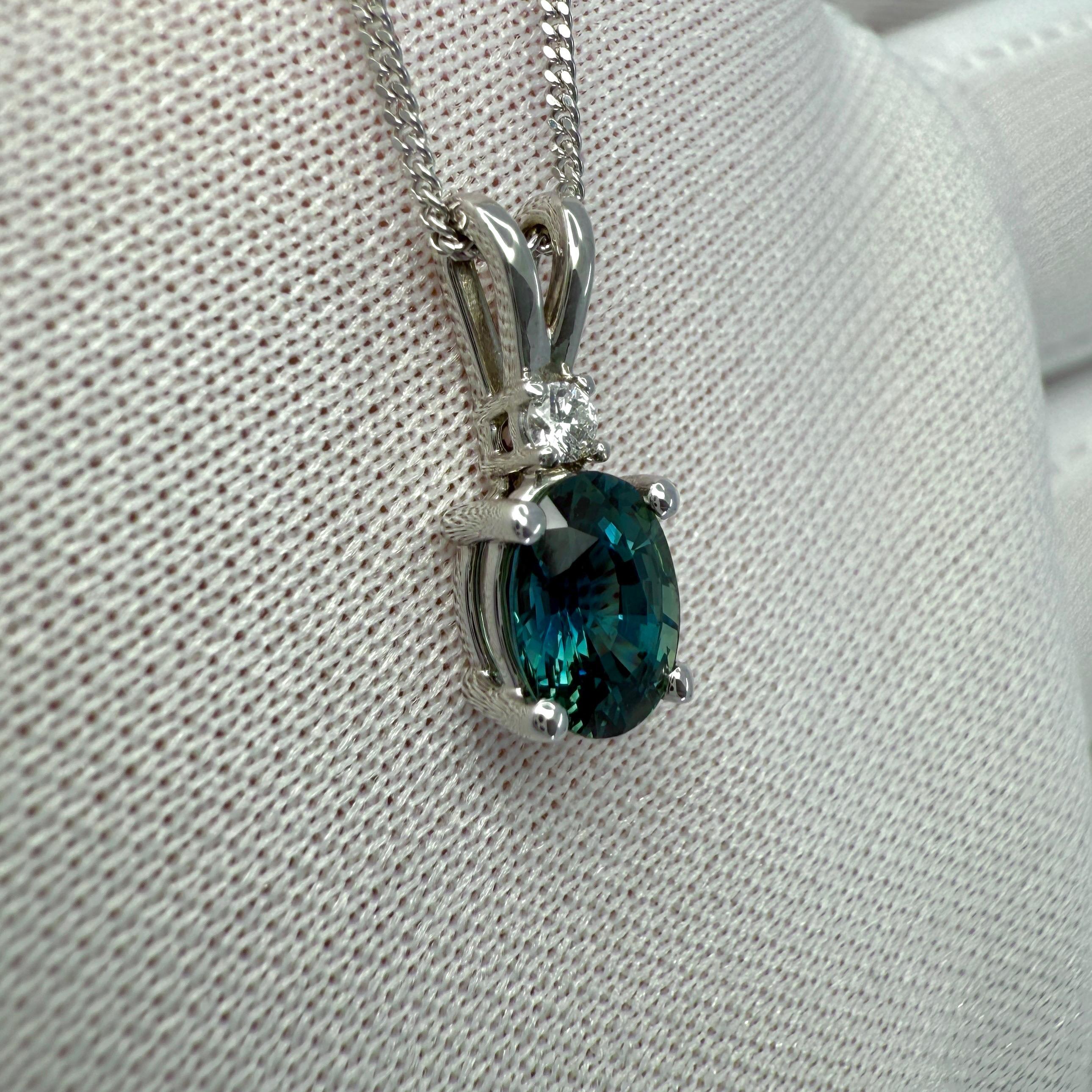 1.00ct Vivid Teal Blue Oval Cut Sapphire Diamond 14k White Gold Pendant Necklace For Sale 1