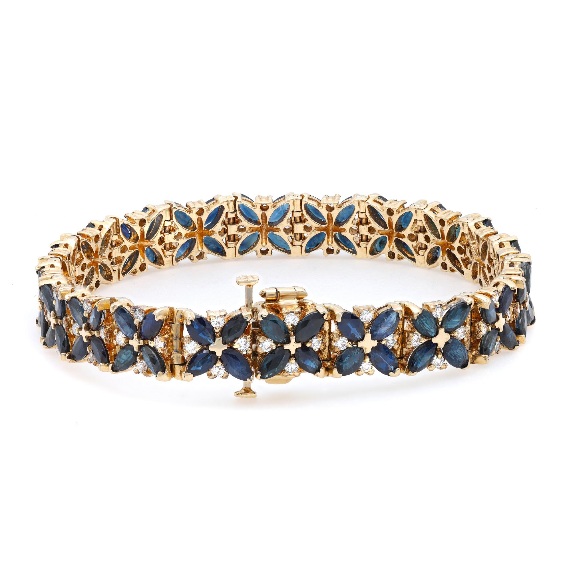 This beautifully crafted tennis bracelet features marquise cut blue Sapphires accented by round brilliant cut diamonds in prong setting. Crafted in 14k yellow gold. Total blue Sapphire weight: 8.00 carats. Total diamond weight: 1.00 carat. Length: 7