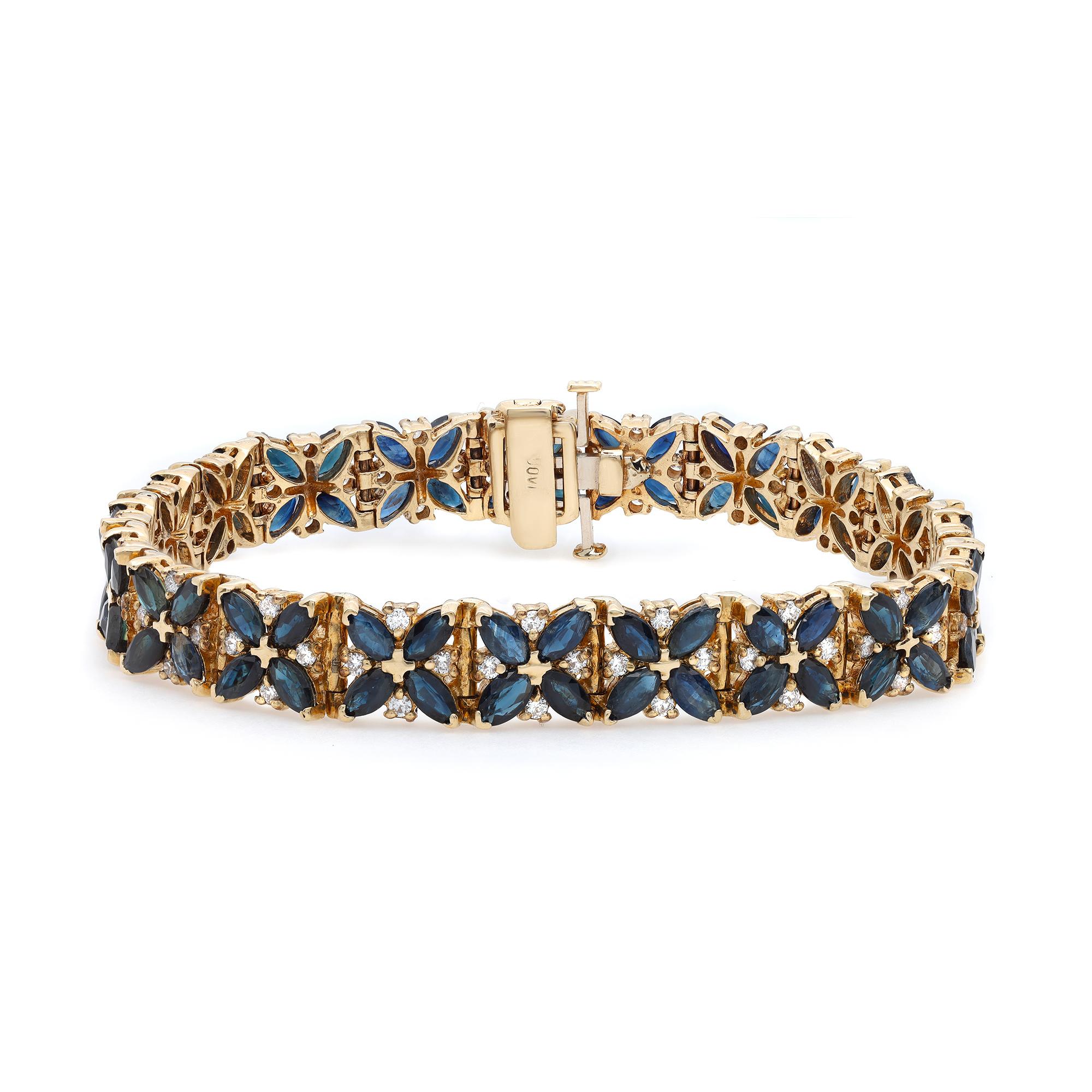 Modern 1.00Cttw Diamond & 8.00Cttw Blue Sapphire Tennis Bracelet 14K Yellow Gold For Sale