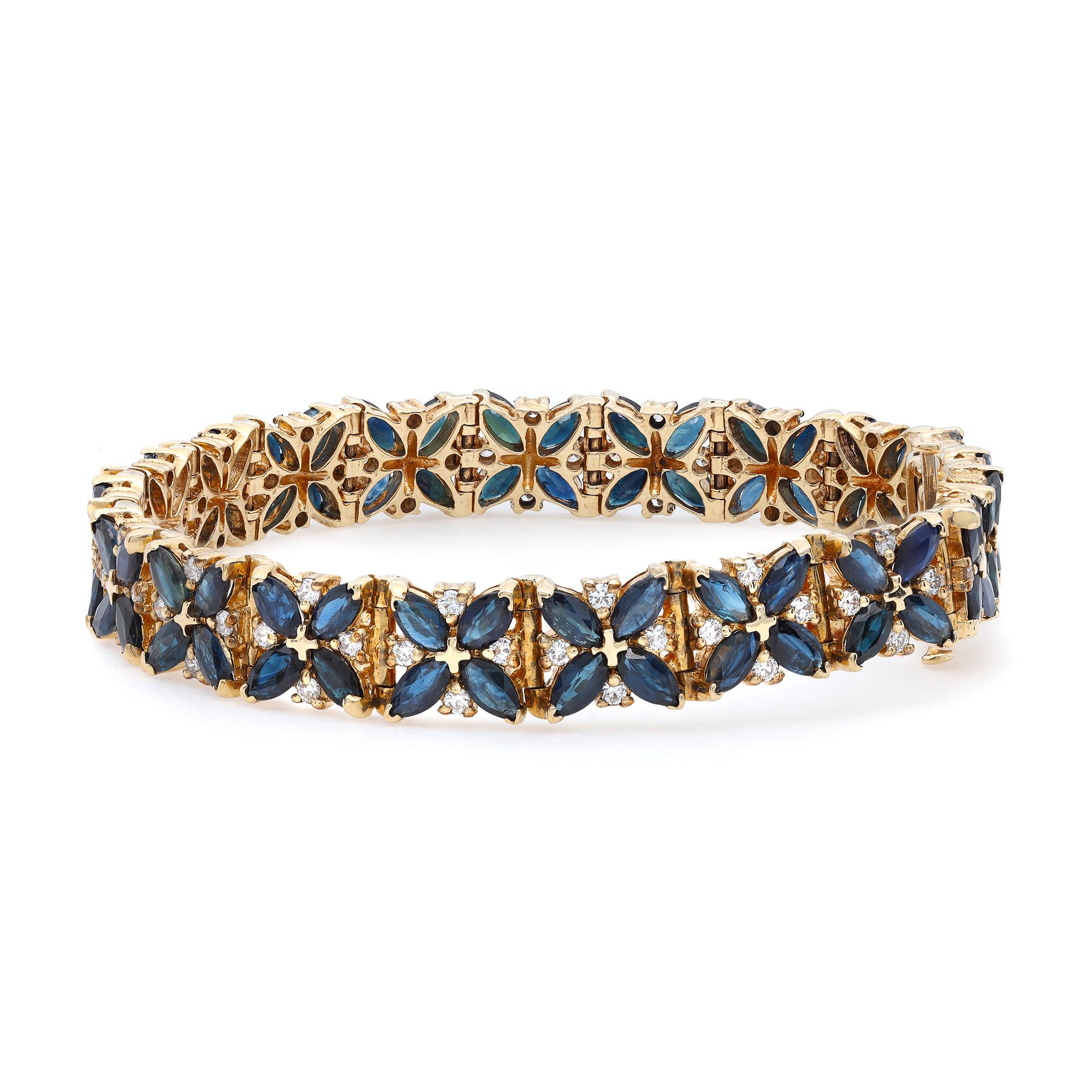1.00Cttw Diamond & 8.00Cttw Blue Sapphire Tennis Bracelet 14K Yellow Gold In Excellent Condition For Sale In New York, NY