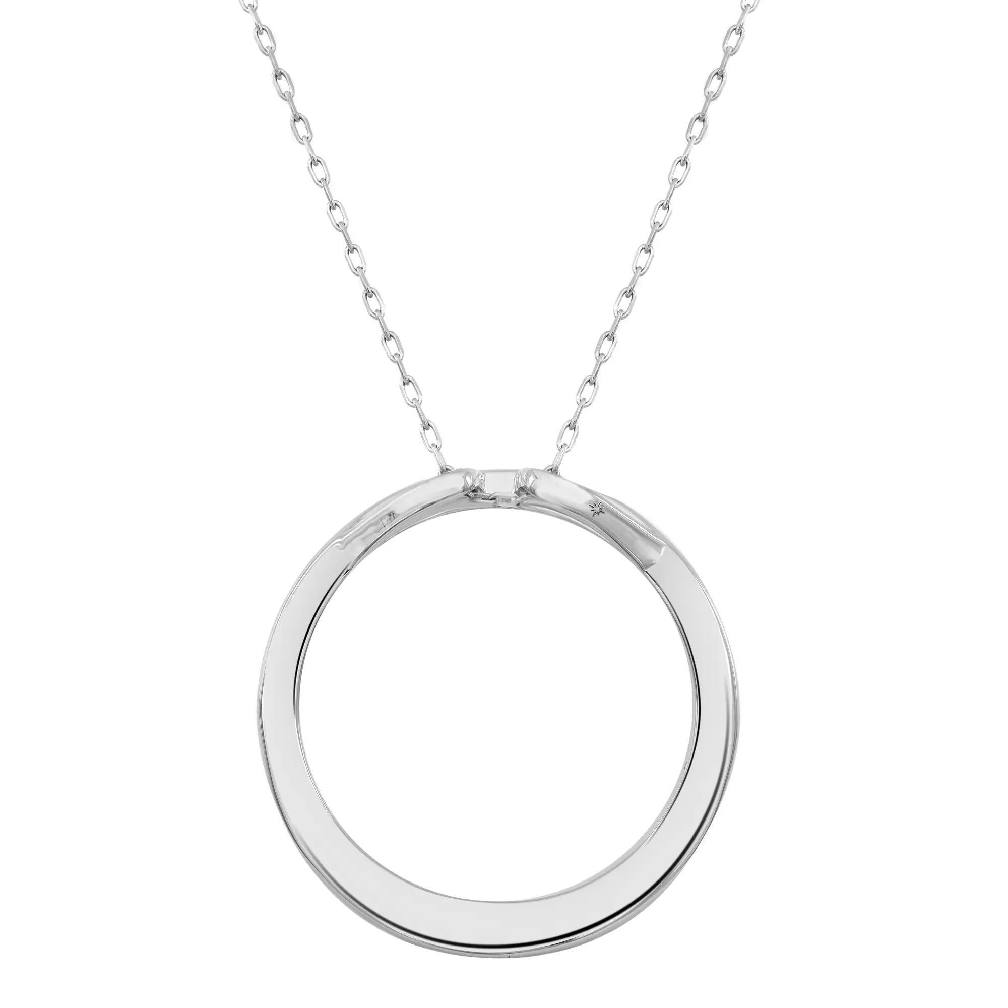 Fabulous and dramatic, this dazzling diamond circle pendant necklace is a perfect accent to every day and evening looks. It features round brilliant cut diamonds in graduation weighing 1.00 carat set in a circle shaped cut out pendant, crafted in