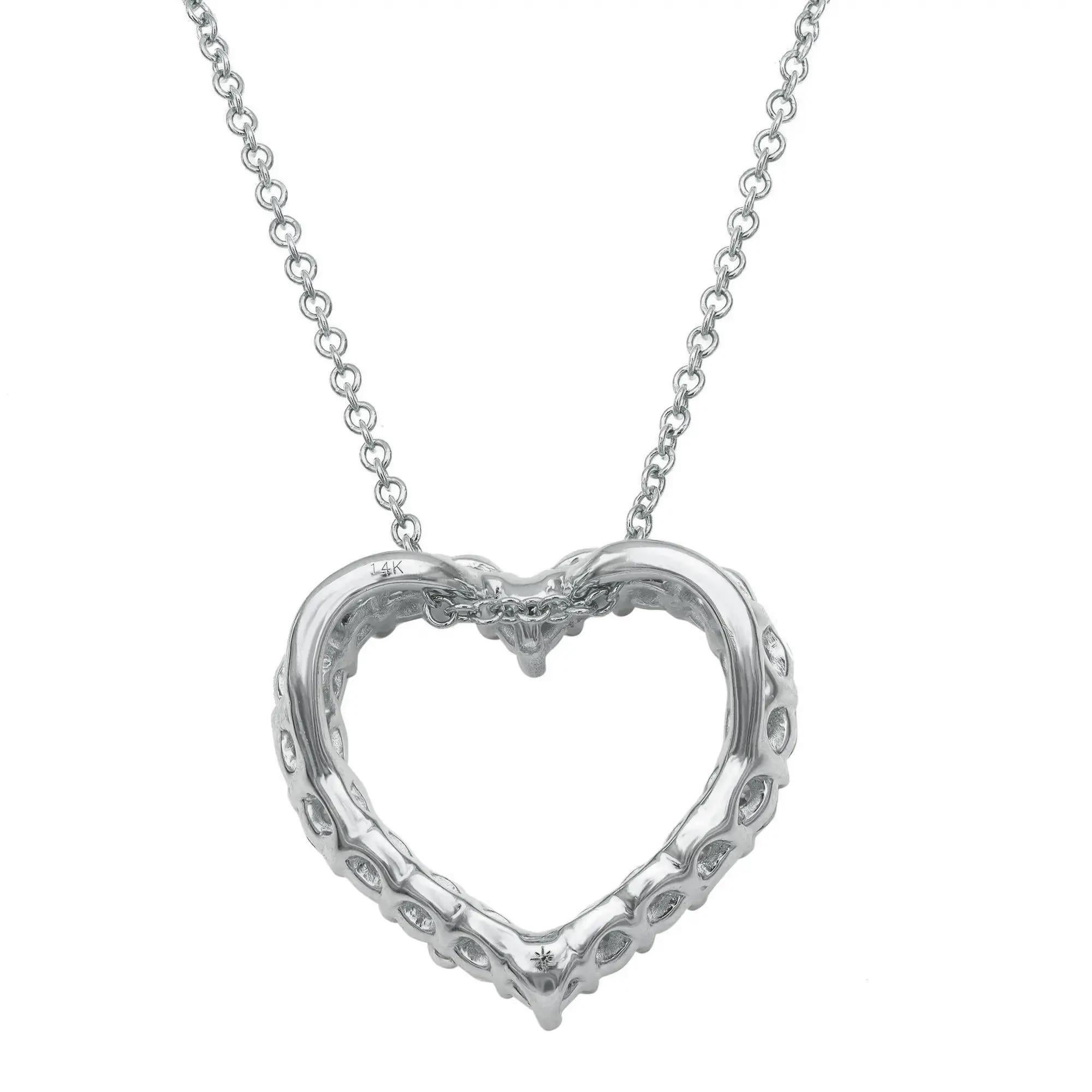Modern 1.00cttw Prong Set Round Cut Diamond Heart Pendant Necklace 14k White Gold For Sale