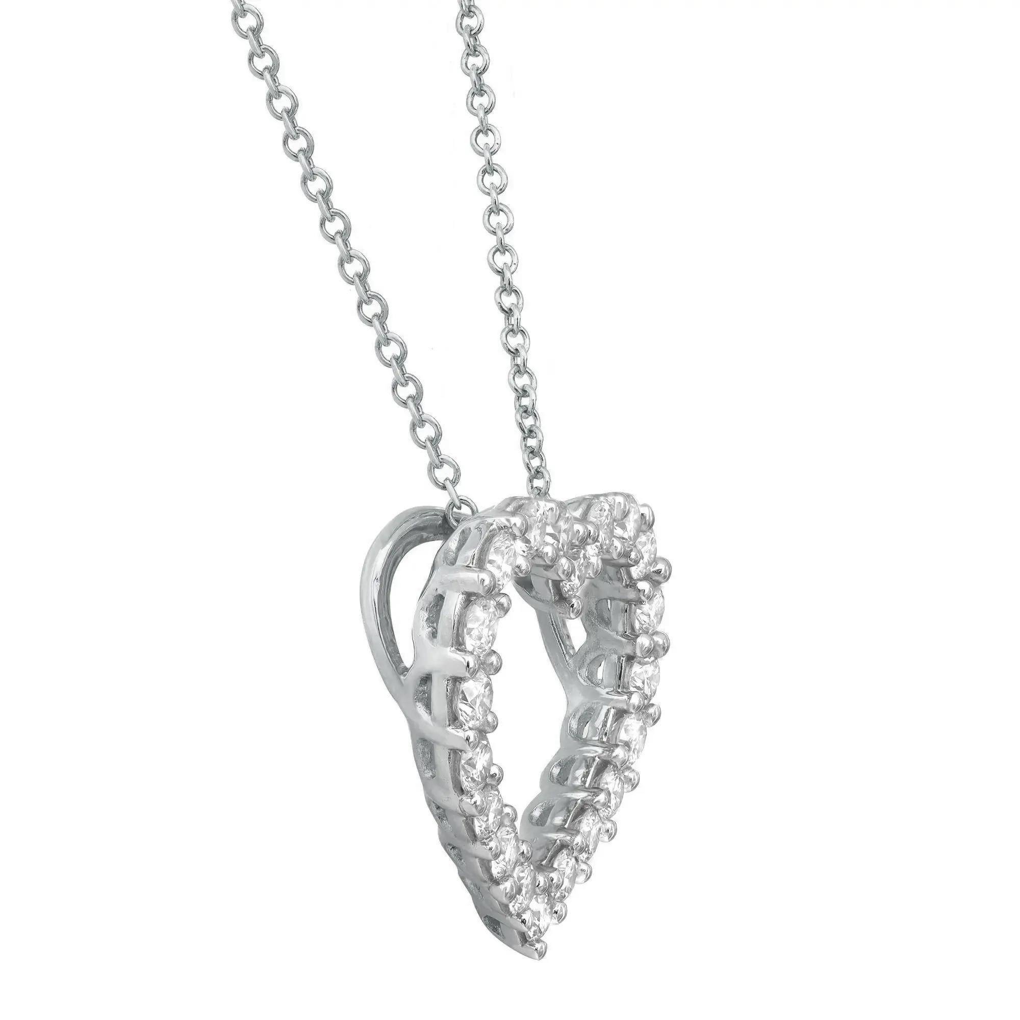 1.00cttw Prong Set Round Cut Diamond Heart Pendant Necklace 14k White Gold In New Condition For Sale In New York, NY