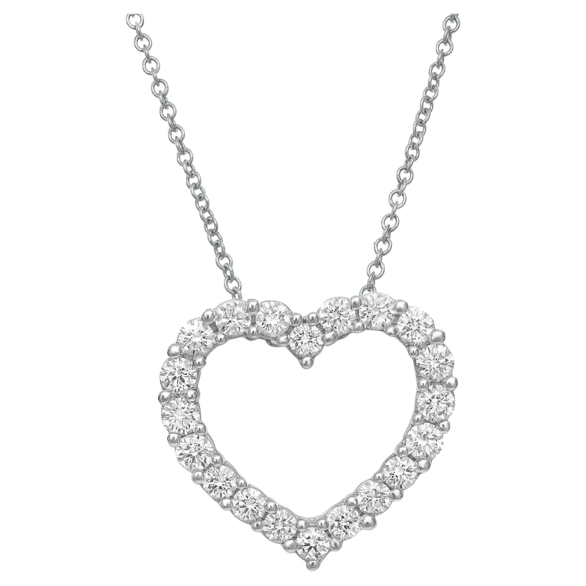 1.00cttw Prong Set Round Cut Diamond Heart Pendant Necklace 14k White Gold For Sale