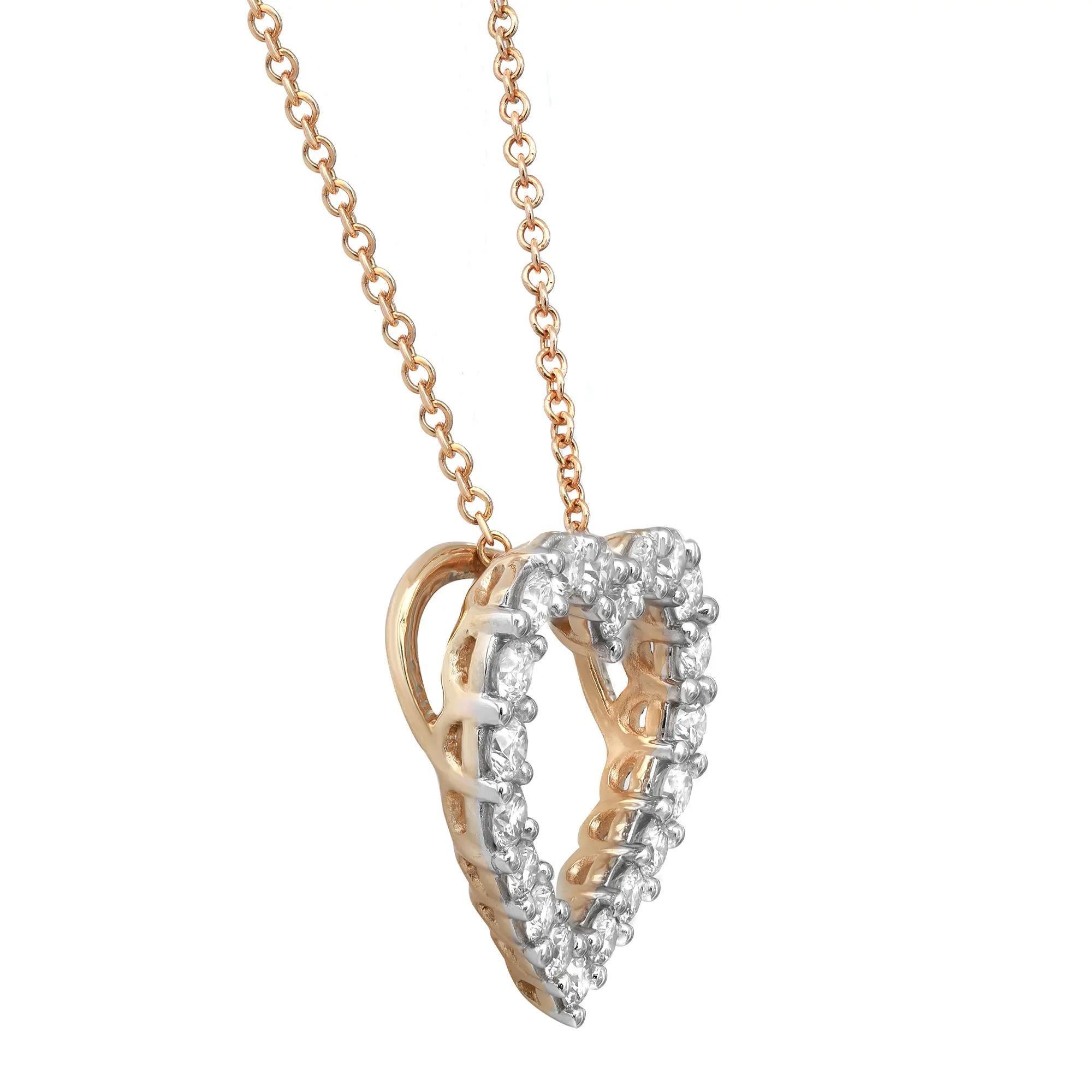Modern 1.00cttw Prong Set Round Diamond Heart Pendant Necklace 14k Yellow Gold For Sale