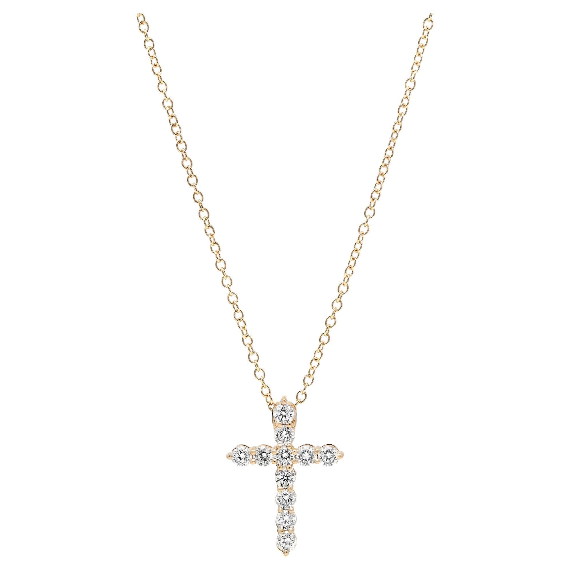 1.00cttw Rachel Koen Round Cut Diamond Cross Pendant Necklace 18K Yellow Gold For Sale